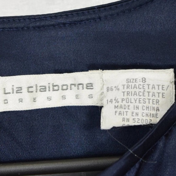 LIZ CLAIBORNE long sleeve navy color satin dress * - Picture 7 of 8